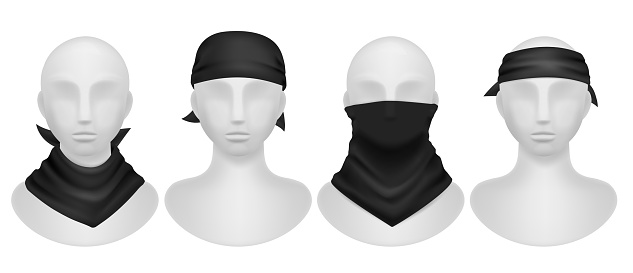 Black bandana. Realistic mannequins mockup with different style dark kerchief, wearing options buffs, scarves and neck clothes. Modern accessory for head and hair template. Vector 3d isolated set