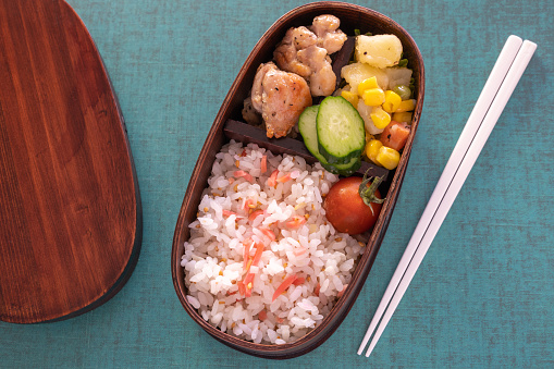 Lunch box made for my wife to work in a Japanese company. Grilled chicken with lemon fravor, Butter saute of poteto and mix vegetable, mini tomato and cucumber entered traditional craft one-tiered Magewappa  lunch box. Taken with fixed single-lens reflex camera (Sony α7 III) to the tripod in the room