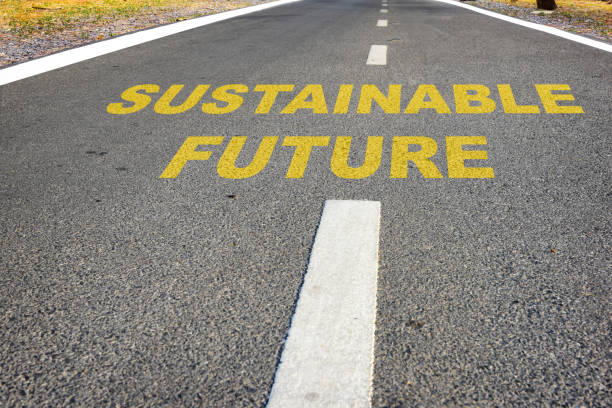 istock Sustainable future word on asphalt road surface with marking lines 1326095195