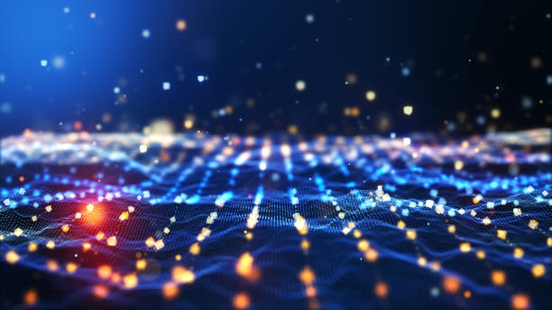 istock Glow blue digital landscape with cube particle. Crypto currency, big data, block chain and digital technology concept. 1326096748