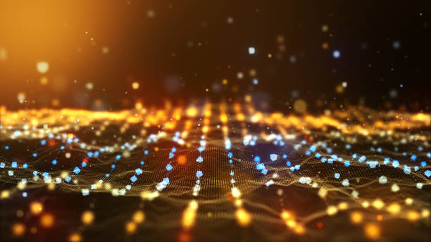 istock Glow golden digital landscape with cube particle. Crypto currency, big data, block chain and digital technology concept. 1326096790