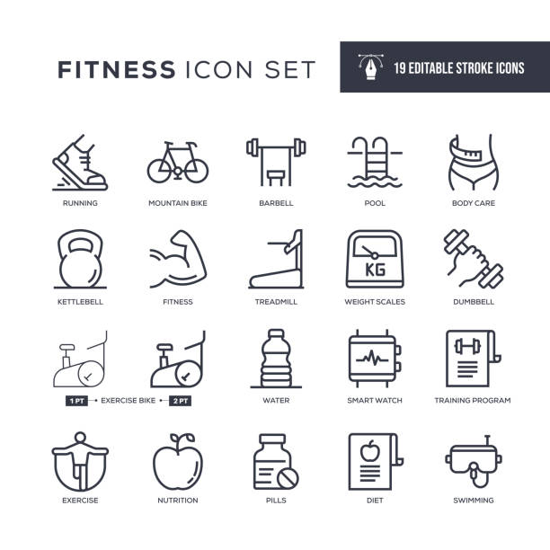 Fitness Editable Stroke Line Icons 19 Fitness Icons - Editable Stroke - Easy to edit and customize - You can easily customize the stroke with exercise class icon stock illustrations