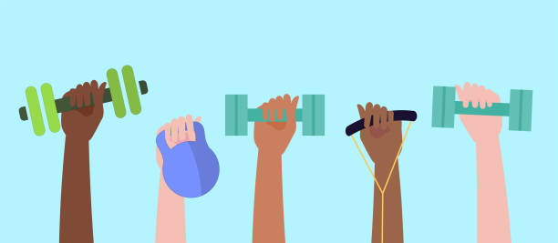 Sport exercise web banner concept, human hands holding training equipment such as dumbbells, time to fitness workout and healthy lifestyle, flat vector illustration, healthy life concept.