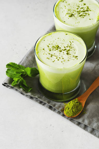 istock Green smoothie mint or matcha latte in glass 1326098985