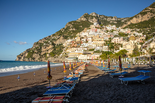 Sun Lounger's In A Row At The Shore Of Positano,Amalfi Coast,Campania,Italy