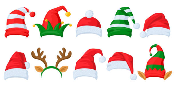 illustrations, cliparts, dessins animés et icônes de chapeaux de fête de noël. dessin animé père noël, elfe et cornes de renne masquerade chapeaux ensemble d’illustration vectorielle. chapeaux de célébration de noël - santa hat christmas hat headwear