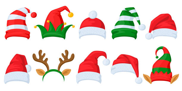 christmas celebration hats. cartoon santa claus, elf and reindeer horns masquerade hats vector illustration set. xmas holiday celebration hats - başlık tasarım öğesi illüstrasyonlar stock illustrations