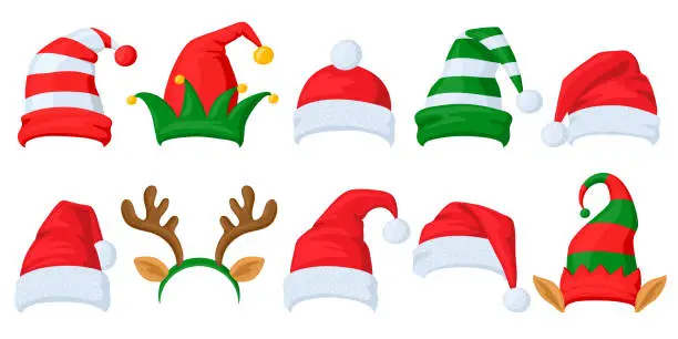 Vector illustration of Christmas celebration hats. Cartoon Santa Claus, elf and reindeer horns masquerade hats vector illustration set. Xmas holiday celebration hats