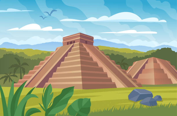 Ancient mayan pyramids Ancient mayan pyramids. Landscape with south american landmarks, Chichen Itza and Kukulkan temples, ancient historical architectural stone monuments on green grass. Flat cartoon vector illustrations maya temple stock illustrations