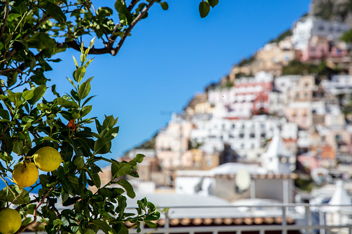 A Close Up View Of Lemon Tree Against Positano At A Restaurant In Positano