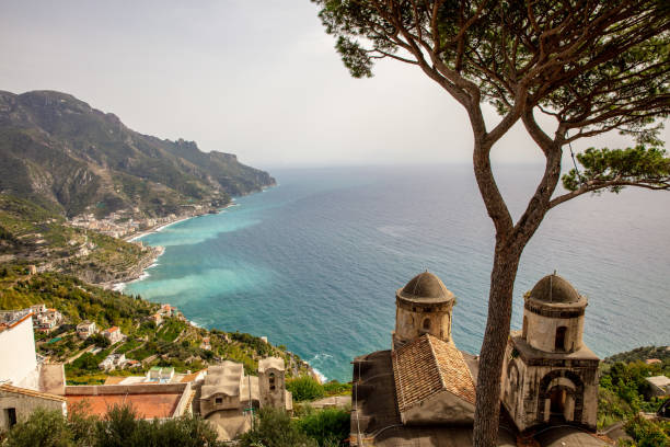 View Of Mediterranean Sea Over The Church Spires In Ravello,Amalfi Coast High Angle View Of Mediterranean Sea Over The Church Spires In Ravello,Amalfi Coast ravello stock pictures, royalty-free photos & images