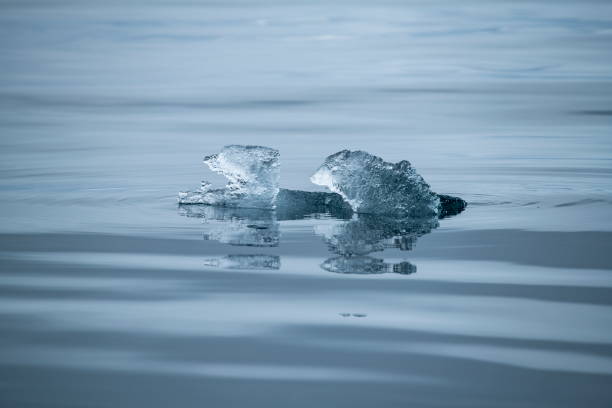 A piece of ice is reflected in calm waters on a rare, windstill day, Geographer Bay, Franz Josef Land, Russian High Arctic, Russia, Europe