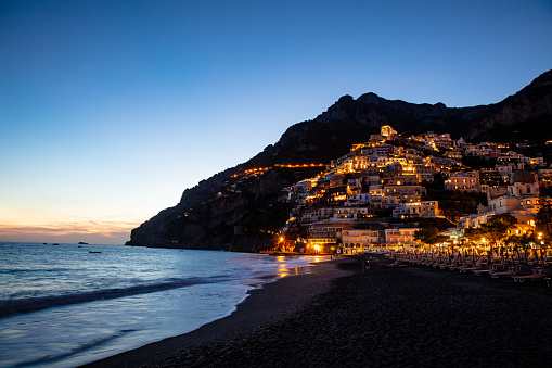 View Of Positano Beach And Village At Sunset,Italy