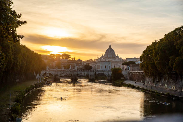 Sunset Seen Over St Peter Basilica In Vatican City, Rome, Italy