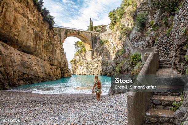 Woman At Fiordo Di Furore Bridge Amalfi Italy Stock Photo - Download Image Now - Sorrento - Italy, Amalfi, Italy