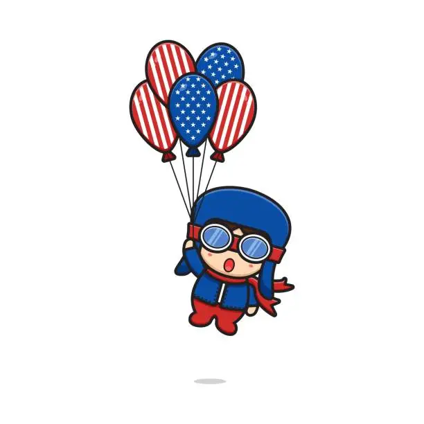 Vector illustration of Cute pilot flying with balloon celebrate america independence day cartoon icon vector illustration.