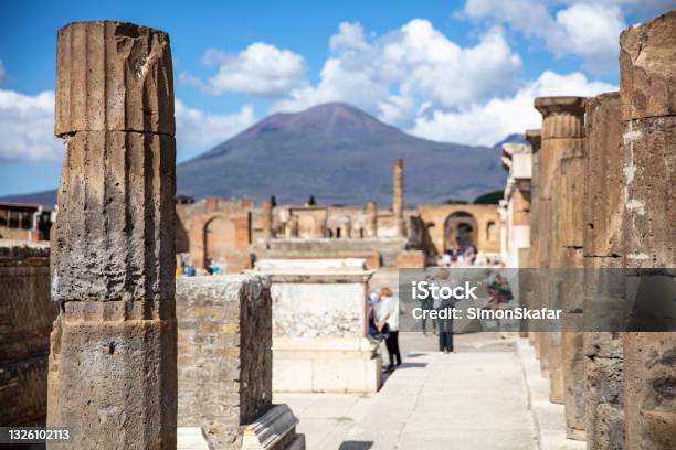 Pompei With View Of Vesuvius Mount At Campaniaitaly Stock Photo - Download Image Now