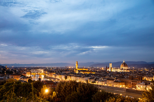 Night View Of Florence City With Ponte Vecchio And Santa Maria Del Fiore Duomo, Italy