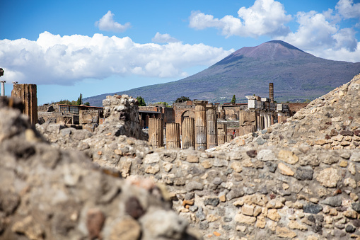 Roman City Of Pompeii And Mount Vesuvius In Background At Campania,Italy