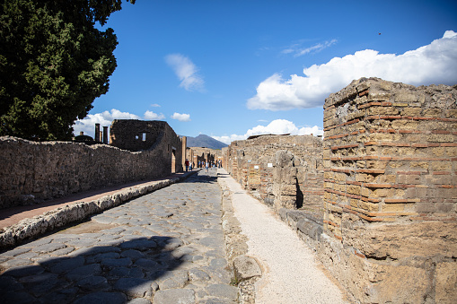 Street Of Ruin Pompeii City With Mount Vesuvius At Campania,Italy