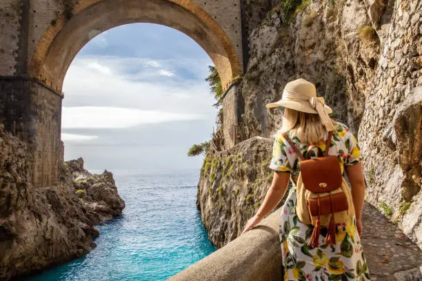 Young Woman At Famous Fiordo Di Furore Bridge,Positano,Amalfi Coast,Italy