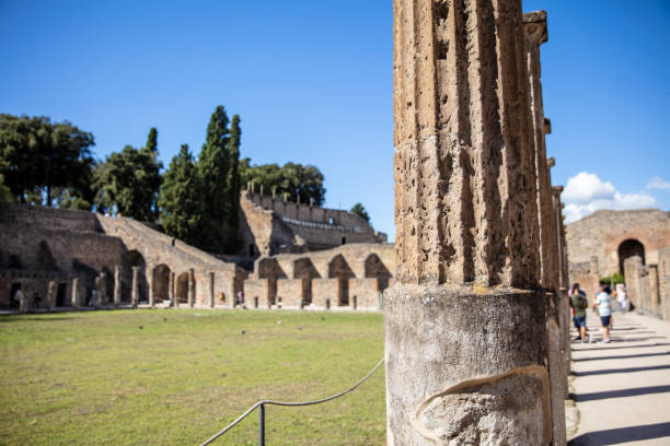 Ancient ruins and pillars with Mount Vesuvius in view.