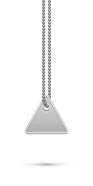 Empty triangle silver military or dogs badge hanging on steel chain. Vector army object isolated on white. Pendant with blank space for identification, blood type in case of death and injury. Empty triangle silver military or dogs badge hanging on steel chain. Vector army object isolated on white. Pendant with blank space for identification, blood type in case of death and injury vietnam dog tags stock illustrations