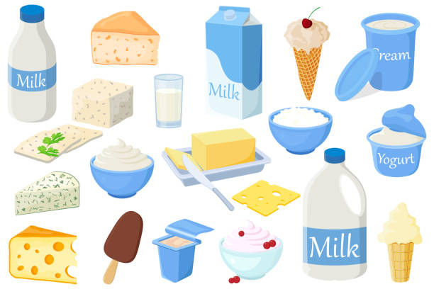 A set of fresh dairy products A set of fresh dairy products.Fresh milk,cheeses,yoghurts,butter, sour cream,cream, ice cream and cottage cheese.Illustrations in a hand-drawn style are isolated on a white background. cottage cheese stock illustrations