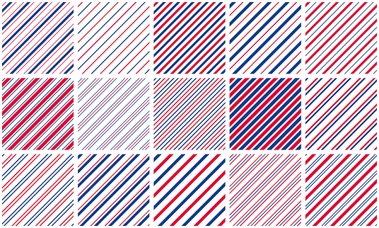Set of seamless patterns. Red and blue diagonal lines on a white background. Vector striped backgrounds.