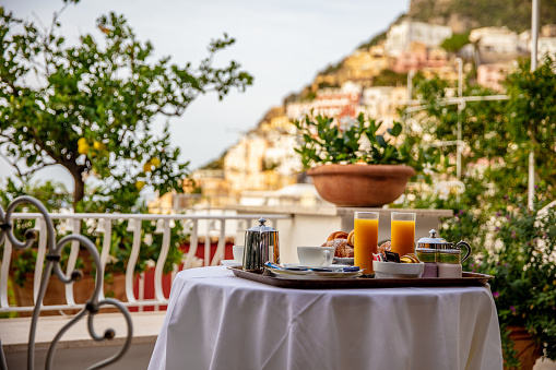 Breakfast Table On The Balcony Of A Hotel In The City Of Positano,Amalfi Coast,Italy