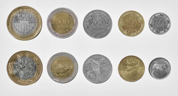 istock Set of 5 different colombian coin isolated on white background 1326107967