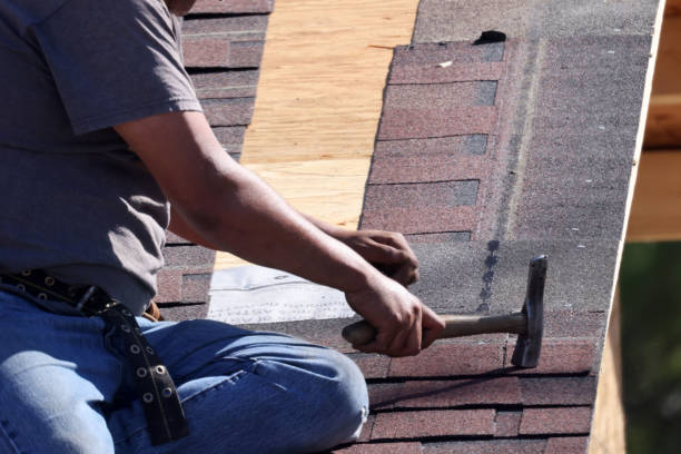 istock Man nailing shingles on roof with roofing hammer 1326109423