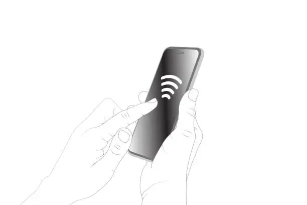 Vector illustration of Activate, tap, touch screen, wireless, phone screen, smartphone, telephone, device, electronic, technology, credit card purchase, nfc, payment, contactless vector outline..