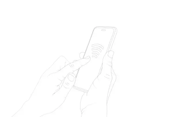 Vector illustration of Activate, tap, touch screen, wireless, phone screen, smartphone, telephone, device, electronic, technology, credit card purchase, nfc, payment, contactless vector outline..