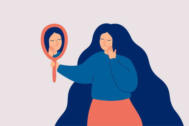 ilustrações de stock, clip art, desenhos animados e ícones de sad woman has skin problems and she touching pimples on her face with worried. anxious girl looking at the mirror on the acne. - mirror