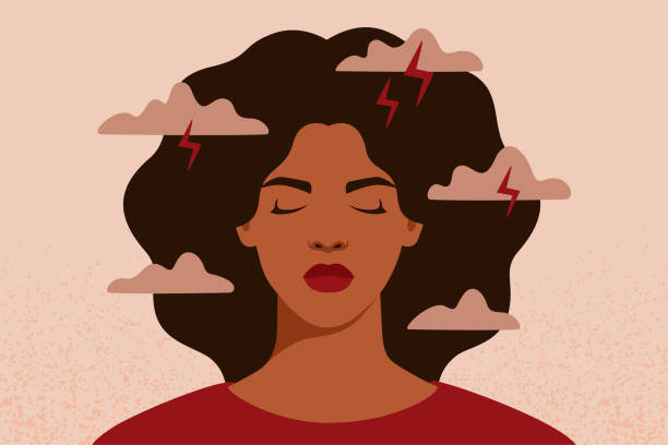 ilustraciones, imágenes clip art, dibujos animados e iconos de stock de la mujer afroamericana siente ansiedad y estrés emocional. la niña negra deprimida experimenta problemas de salud mental. - ansiedad