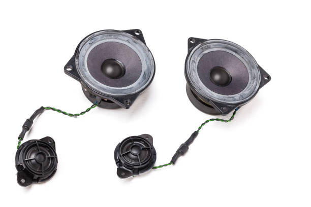 istock three-way speaker system, coaxial speaker, car audio music, subwoofer and tweeter on white isolated background. Top view 1326112758