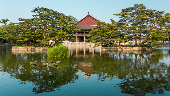 Gyeonghoeru Pavilion near peaceful pond, Gyeongbokgung Palace, Seoul, South Korea. Traditional korean architecture.