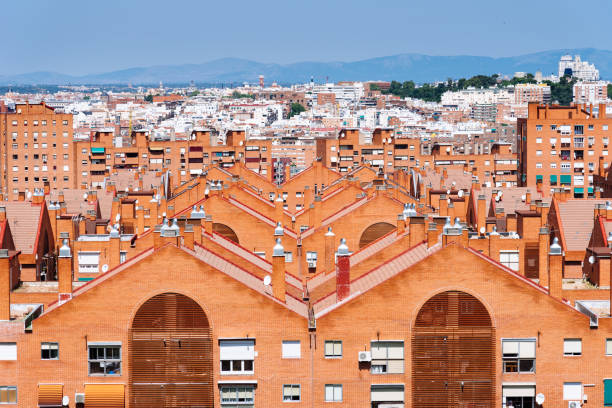 Skyline of Madrid from Tio Pio Park. Aerial cityscape of Vallecas neighbourhood a sunny day