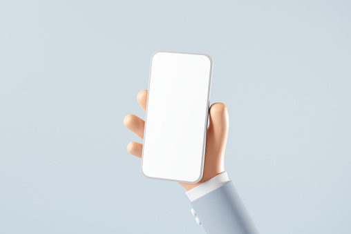Hand of businessman holding smartphone on blue background, Hand showing mockup mobile phone. 3d render.