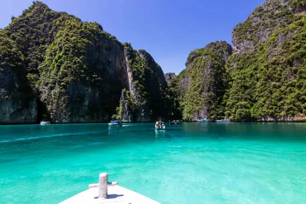 Photo of Maya Bay is one of the popular tourist attractions in Phi Phi Le island. Beautiful turquoise ocean Dream destination in Thailand.