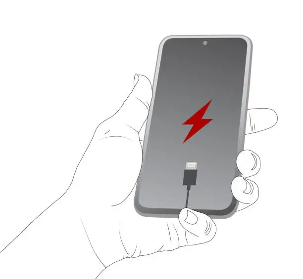 Vector illustration of Empty battery, humand hand, holding smartphone, device screen, low power, charge is over vector draw.