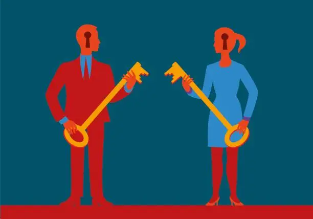 Vector illustration of Man and woman with key slots in heads