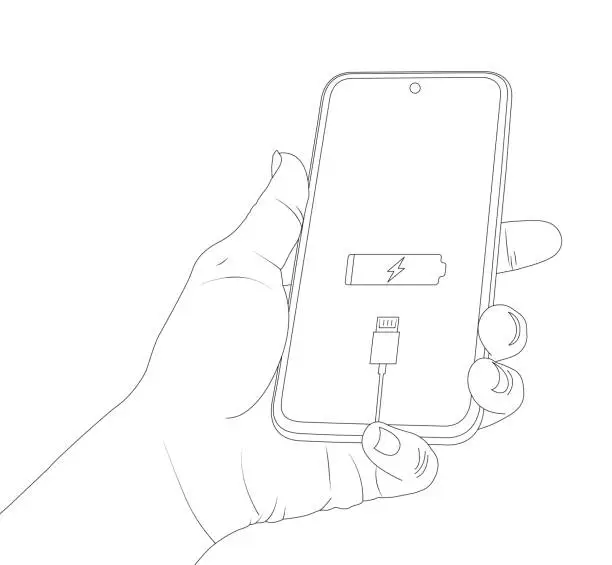 Vector illustration of Empty battery, humand hand, holding smartphone, device screen, low power, charge is over vector draw.