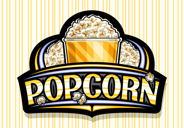 Vector signage for Popcorn Vector signage for Popcorn, black decorative sign board with illustration of homemade salted pop corn in bucket, poster with unique lettering for word popcorn for fast food cafe on striped background. popcorn snack bowl isolated stock illustrations