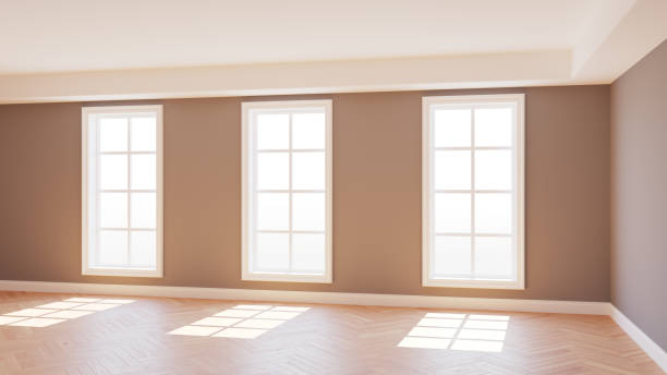 istock Beautiful Empty Sunlit Interior with Three Large Windows, Light Parquet Floor and a white Plinth with Work Path on Windows. 3d render. Ultra HD 8K 7680x4320 1326120309