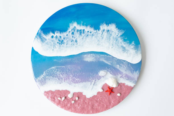 Resin art with ocean waves and beach with starfish. Epoxy paint art