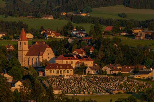 Semriach village with Schockl hill over in sunset sunny evening