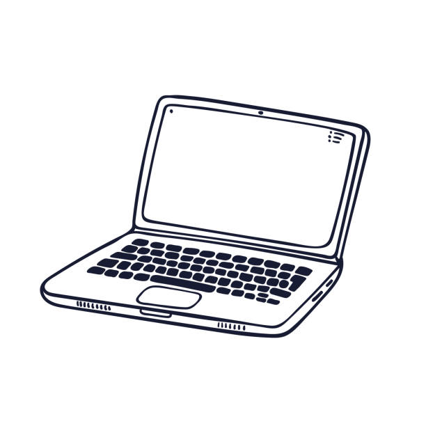 illustrations, cliparts, dessins animés et icônes de ordinateur portable dans le style griffonnage. bloc-notes avec écran blanc vide sur fond blanc illustration vectorielle - ordinateur