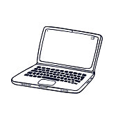 istock Laptop in doodle style. Notebook with empty white screen on white background Vector illustration 1326125124